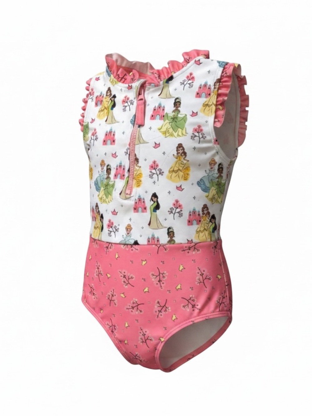 Disney Princess Girls Swimsuit 5T One Piece Ruffle Pink White Ariel Belle Tiana